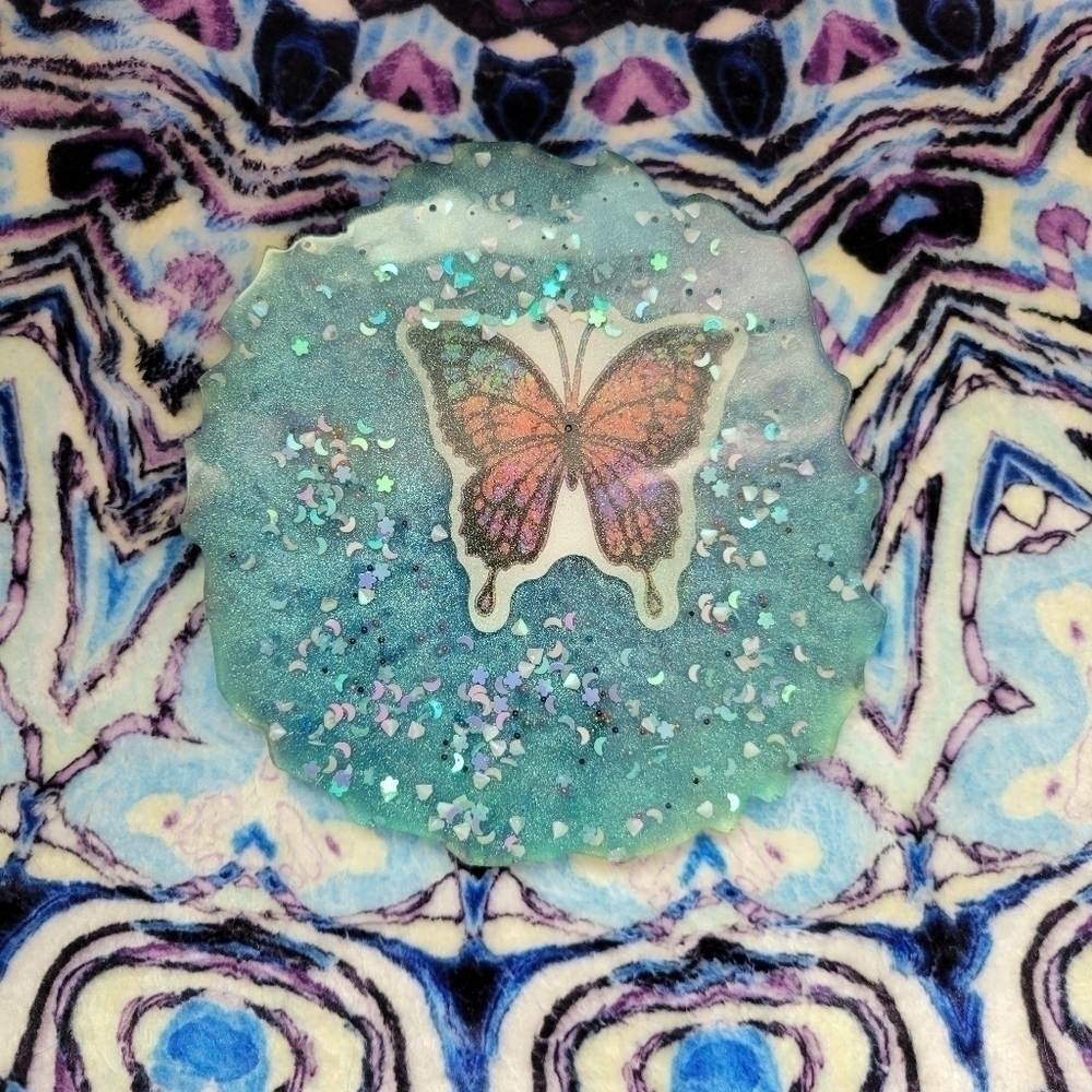 NEW Handmade Blue Resin Tray/ Coaster Piece With Butterfly And Moons Etc.